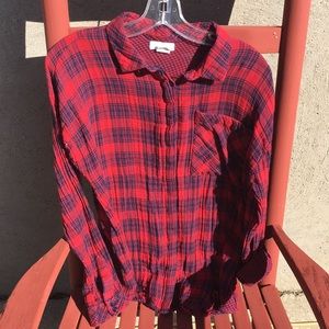 Navy and Red Plaid Button Up Shirt